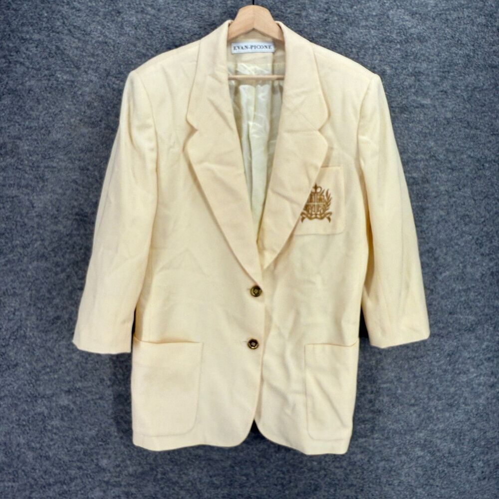 Evan Picone Blazer Women 12 Beige Button Up Collared 3/4 Sleeve Pockets Wool